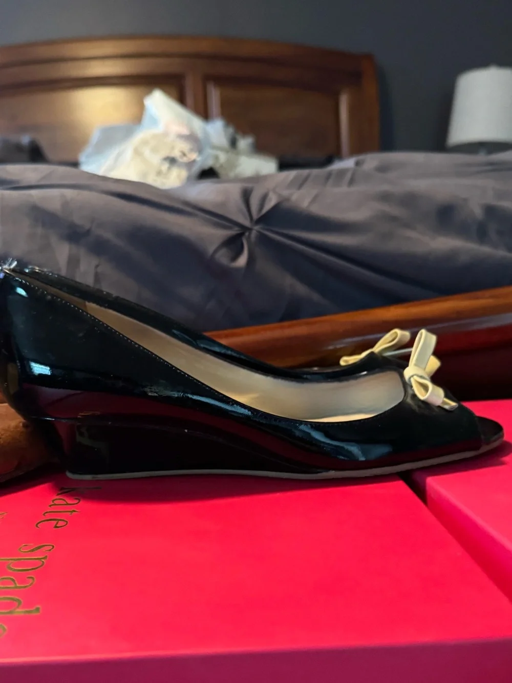 kate spade Black Patent Leather Wedge Pumps with Cream Bow